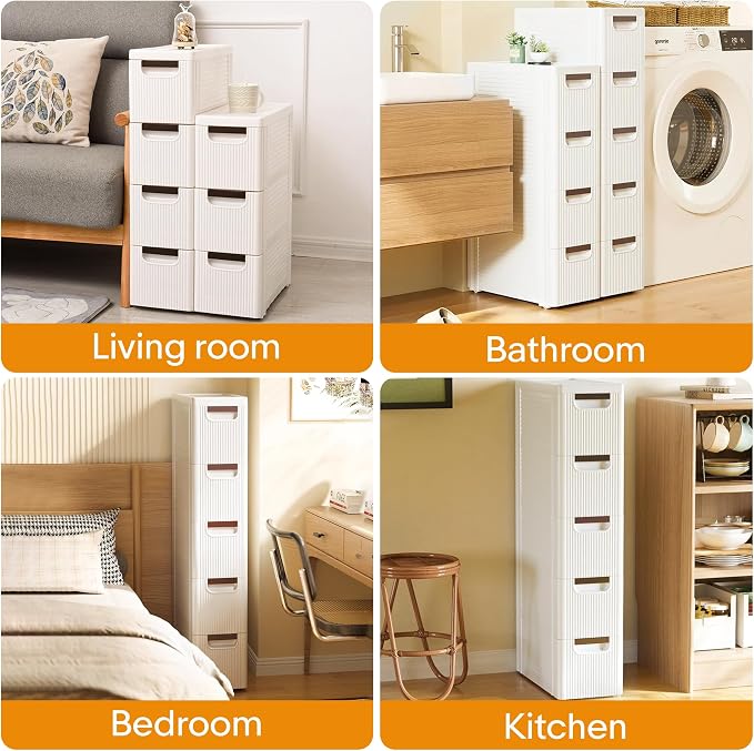 5 Drawers Slim Bathroom Storage Cabinet Dresser, Narrow Plastic Rolling Cart Organizer with Drawers, for Small Spaces, Kitchen, Laundry, Office, Bedroom, White - Image 6
