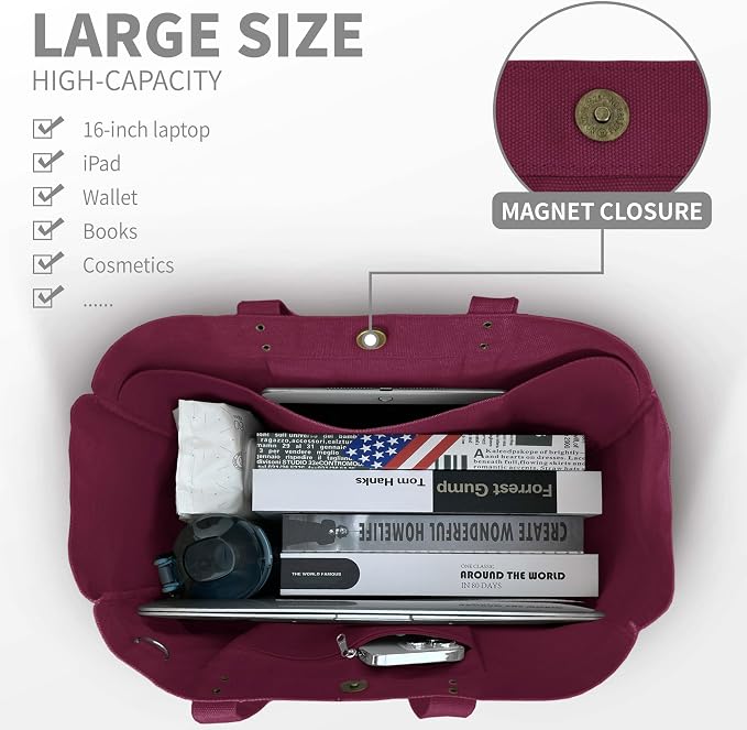 HOMESPON Large Canvas Tote Bag, Magnetic Work Laptop Pack for Women | Everything Bag, Multi Pockets, Internal Laptop Sleeve - Image 4