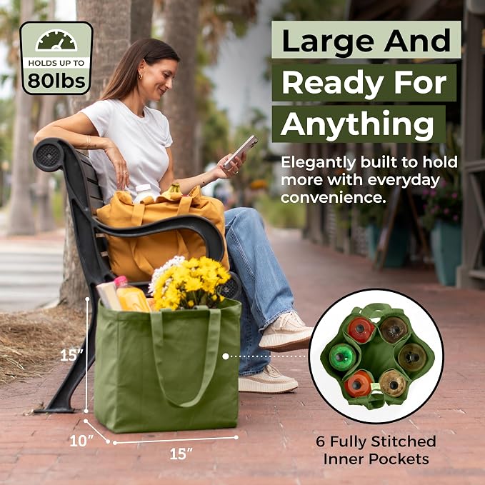 VeraMia Canvas Grocery Bag 3pc XL Set with Real Pockets, Long Shoulder Strap and Short Handle. Heavy Duty, Foldable, Washable - Image 2