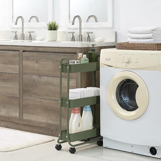 SunnyPoint Slim Rolling Storage Cart, 3 Tier Bathroom Storage Organizer Bathroom, Laundry Utility Cart (Army) - Image 3
