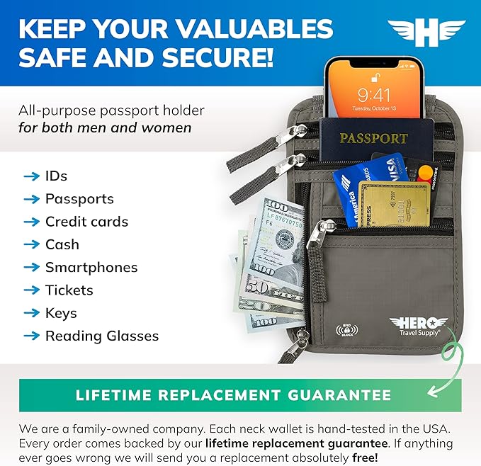 HERO Neck Wallet - RFID Blocking Passport Holder, Easy to Conceal Travel Pouch (Army Grey) - Image 3