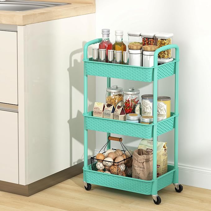 MOYIPIN 3-Tier Plastic Rolling Utility Cart with Handle,Turquoise | Utility Storage Cart for Office, Living Room, Kitchen,Movable Storage Organizer，Easy installation，Rattan-like art design - Image 8