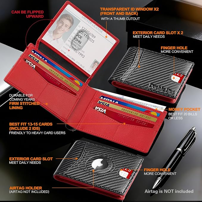 Wallet for Men Slim RFID Blocking Bifold Carbon Fiber,Minimalist Small Compact Front Pocket Credit Card Holder,Thin Mens Leather Wallets Smart Security With 2 ID windows 1 Cash (Black & Red) - Image 6