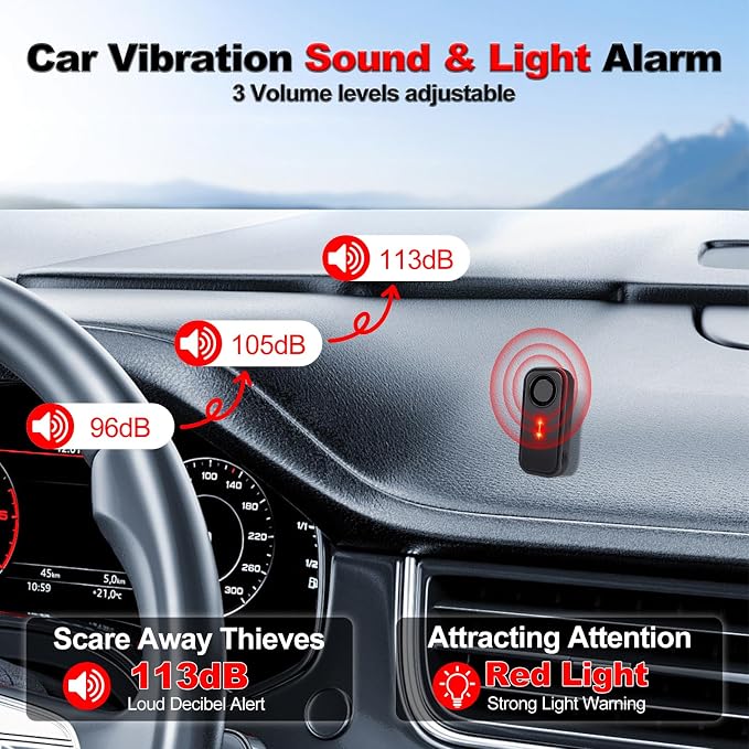 113dB Car Alarm System with Remote,1PK | Anti-Theft Vibration Sensor Alarm with Red Warning Light 7 Levels Sensitivity Adjustable,General for Car,RV,Motorcycle,Bike - Image 2