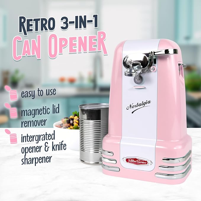 Nostalgia Retro Electric Can Opener for Kitchen with Magnetic Lid Remover, Knife Sharpener, and Soda or Beer Bottle Opener, Pink - Image 2