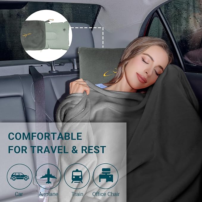 Travel Blanket and Pillow Set for Airplane, 300 GSM Soft Fleece Compact Travel Blanket with Inflatable Pillow and Carry Bag, 60x43 Inches, Grey - Image 8