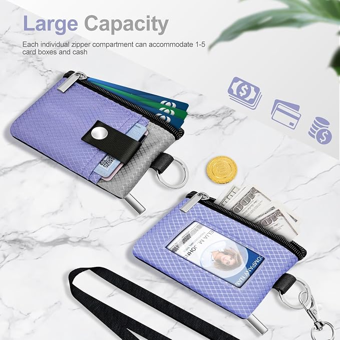 Minimalist RFID Blocking Small Wallet with ID Window,WaterResistant Zip Id Case Wallet with Lanyard Keychain for Cards,Cash,Travel,Women,Men (Lavender Purple/Light gray) - Image 7