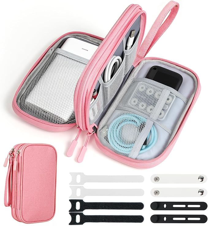 Travel Electronics Organizer, Double Layer Tech Pouch, Pink | Water-resistant Oxford fabric with padded lining. 8 compartments hold chargers and 3ft+ cords. Includes 8 cable ties. by Woyinger