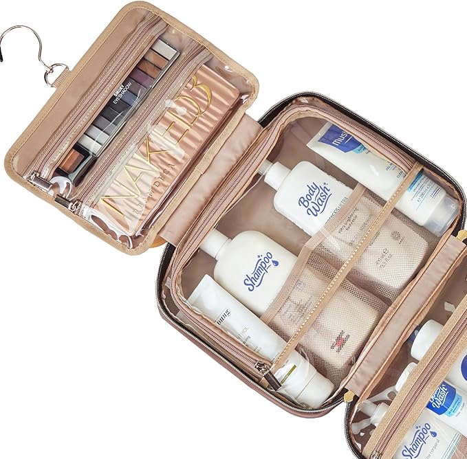 NISHEL Travel Toiletry Bag for women, Portable Hanging makeup Organizer | for Travel-Sized Shampoo, Conditioner, Brushes Set, makeup Accessories, Large Size, Rosewood-Pink - Image 4