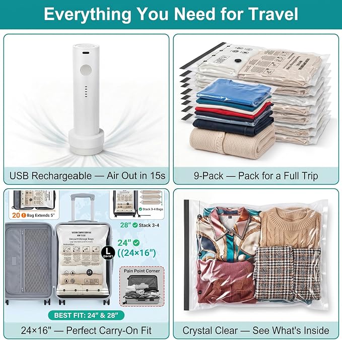 Vacuum Seal Bags for Clothing: Stay Sealed During Travel | Double Zip Seal One-Way Valve - 9-Pack Large Reusable Travel Vacuum Bags with Electric Pump - Strong Suction Air Out in 15s - Image 8