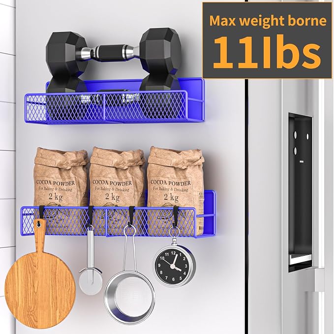 Magnetic Spice Rack for Refrigerator, 2 Pack 100% Metal Strong Magnet Shelf, Space Saving Spice Organizer W/ Hooks, Movable Magnetic Fridge Shelf, Kitchen Home Laundry Storage Organization,Purple Blue - Image 4