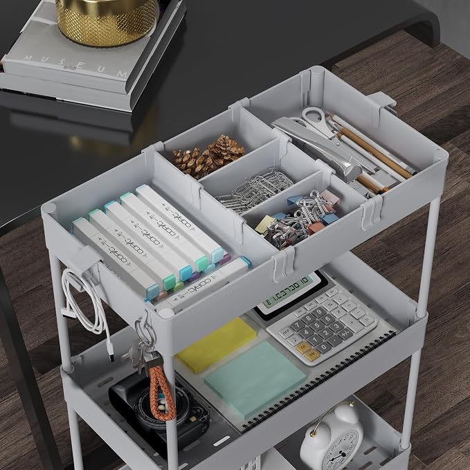 4 Tier Rolling Cart with Wheels, Storage Craft Art Trolley Organizer Serving, 3 Hanging Baskets Easy Assembly, for Office, Living Room, Kitchen - Image 2