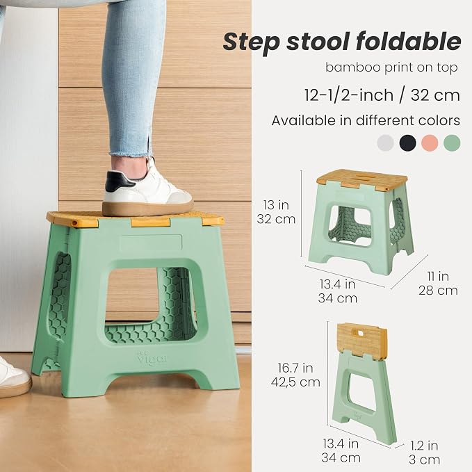 Vigar Compact Folding Step Stool, 12-1/2 in, Green Bamboo Print | 12-1/2 in Foldable Stool, Lightweight Portable Design, Handle, Non Slip Surface, Space-Saving, Supports up to 330 lb - Image 2
