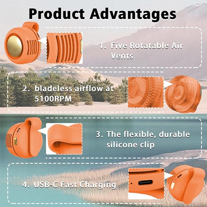 Portable Clip-On Fan, Mini USB Rechargeable 360° Rotatable Fan, Personal Fan 3-Speed Silent Mini Bladeless Fans (Orange) - Image 3
