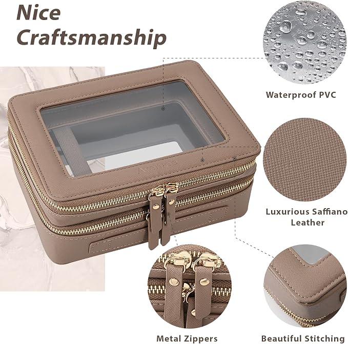 Aveniee Large Clear Makeup Bags, Double Layer Cosmetic Bags with Separate Brush Compartment,Travel Toiletry Bag Train Case,Travel Accessories Organizer for Women,2 Layers,Brown - Image 3
