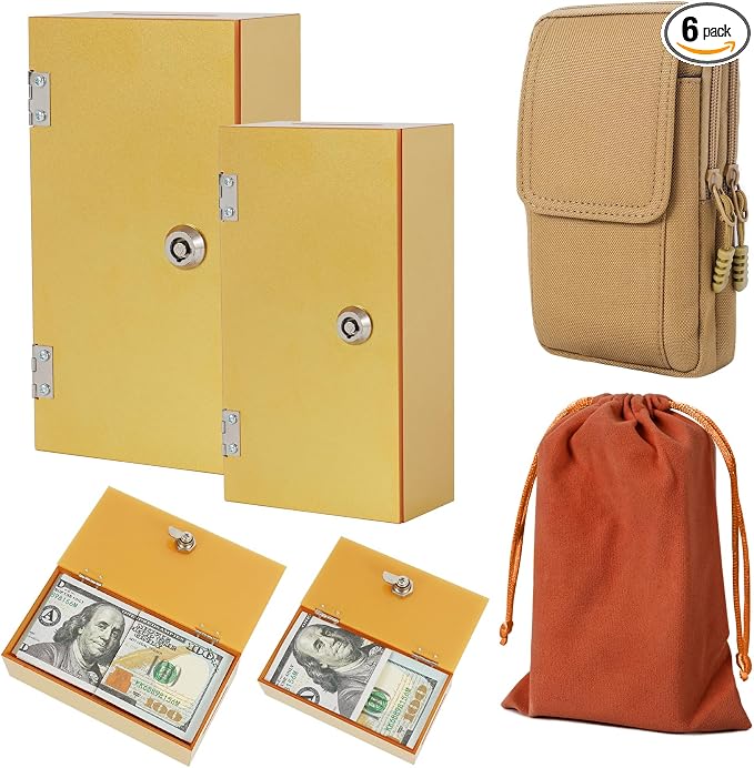 Acrylic Cash Box for Gambler Large+Mini, Sparkling Glitter Gold Winners Bank for Casino, Control Gambler, Compact Portable Secure Money Organizer Safe Lock Box with Keys & Storage Waist Bag by ClarityCraze