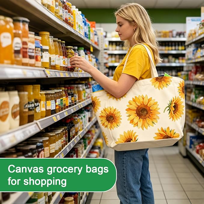 Aesthetic Canvas Reusable Grocery Bags Heavy Duty, 8.3 gal Foldable Large Tote Bag with Handles, Holds 60 lbs & Washable Eco-friendly Bags with 5 Pockets, Beige with a print 1 Bags - Image 2