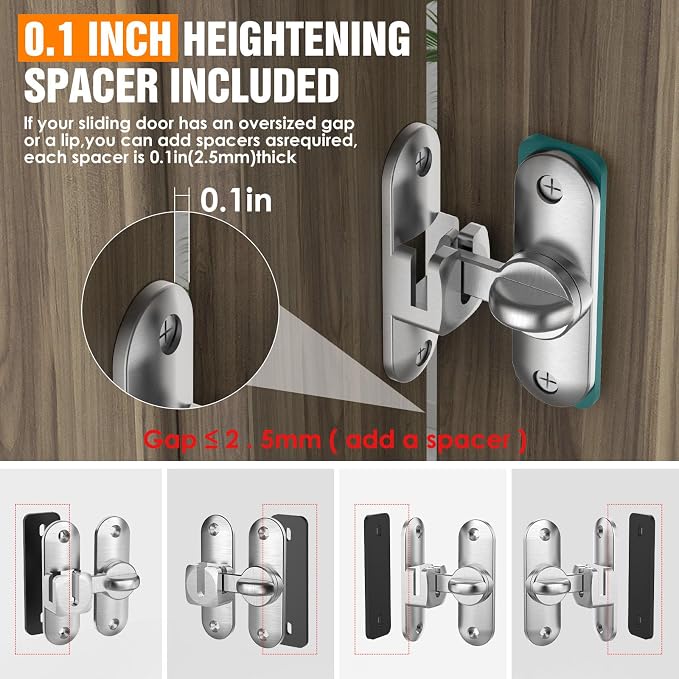 90/180 Degree Flip BarnDoor Lock, Small Door Latch, Silver 2 PCS | Heavy Duty Door Latch, Interior Sliding Door, Pocket Door, Bedroom, Bathroom, Cabinet, Privacy Lock, Includes Spacer - Image 4