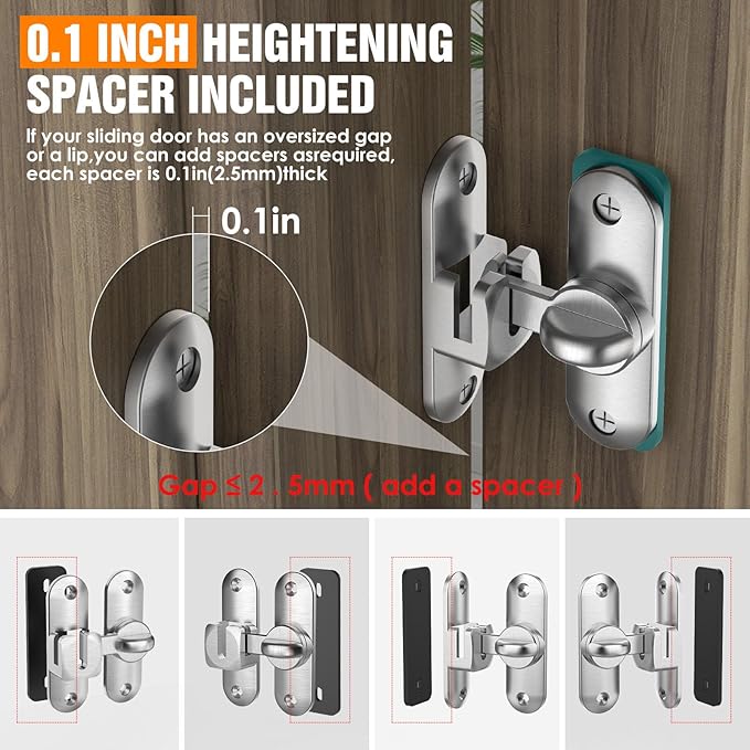 90/180 Degree Flip BarnDoor Lock, Small Door Latch, Silver 1 PC | Heavy Duty Door Latch, Interior Sliding Door, Pocket Door, Bedroom, Bathroom, Cabinet, Privacy Lock, Includes Spacer - Image 6