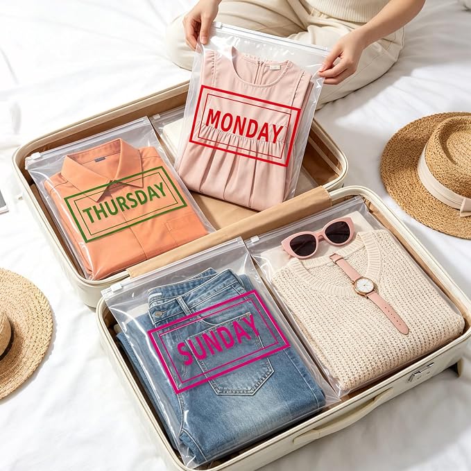 28 Pcs Days of the Week Packing Cubes for Travel Clear Compression Packing Organizers for Suitcase Daily Planner Travel Bags for Clothes Reusable Zippered Luggage Storage Bag - Image 7