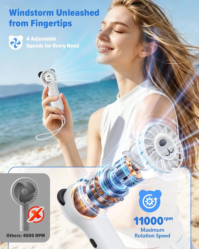 Portable Handheld Fan, Cute Bear Mini Fan with 11000 RPM High Speed, Rechargeable Personal Fan with 4 Speeds, Pocket Small Fan for Travel, Makeup, Lash, Gifts for Women Girl - White - Image 3