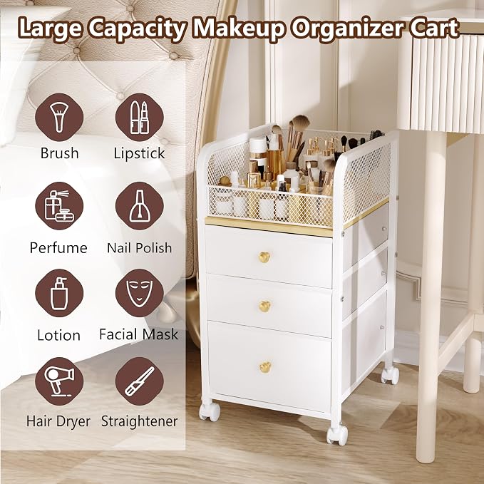 Rolling Makeup Organizer Cart with Drawers Under Desk Storage for Vanity | Vanity Cart Bathroom Storage Cart Cosmetic Vanity Display Cases Holder for Nail Polish Brush Hair Tool - Image 5