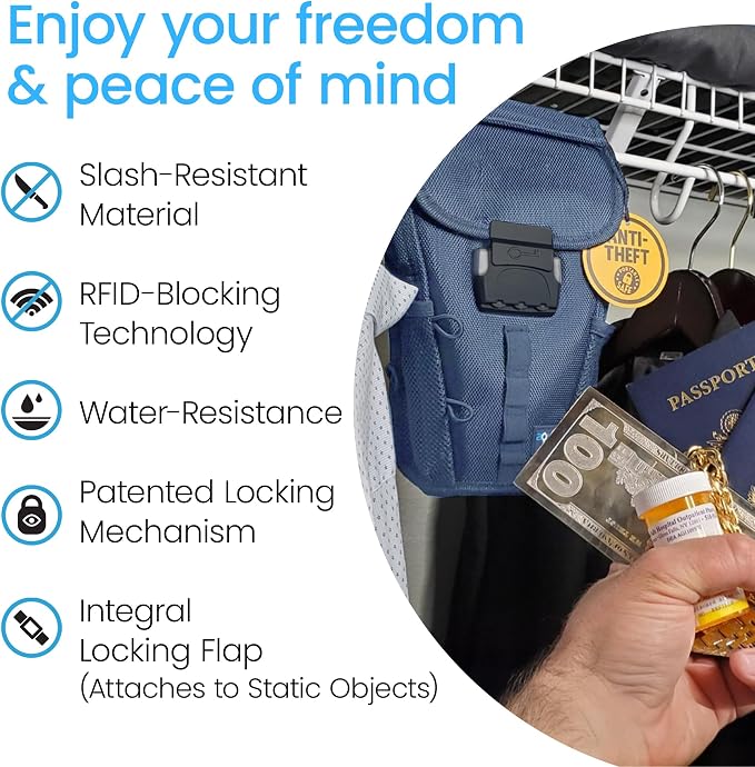 Portable Travel Safe Anti-Theft Cut-Resistant Beach Pool Lock Box | Blue. Cut-resistant nylon with water resistance and RFID blocking. Secures phones and valuables at the beach, pool or hotel. - Image 6