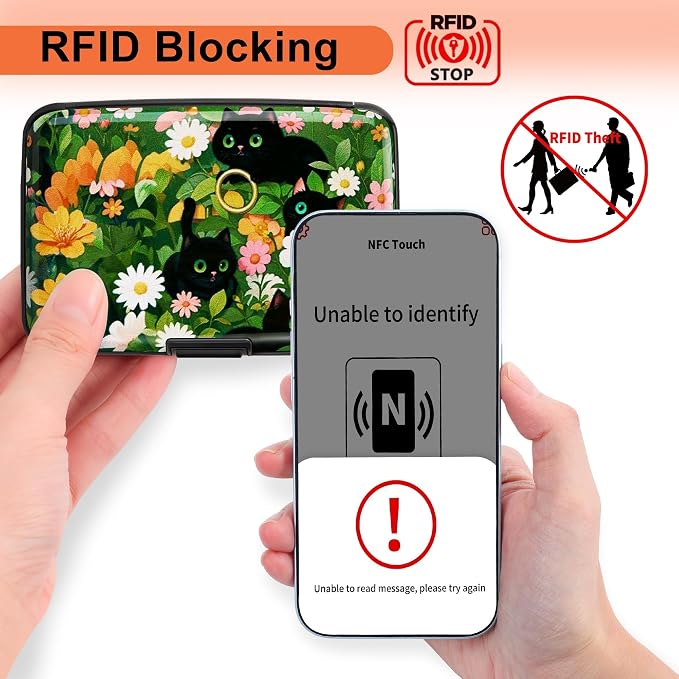 Mayski Credit Card Holder for Women RFID Blocking Wallet, Black Cat Flower | Card Wallets for Women Small Mini Business Metal Accordion Aluminum Alloy Hard Case for Men - Image 2