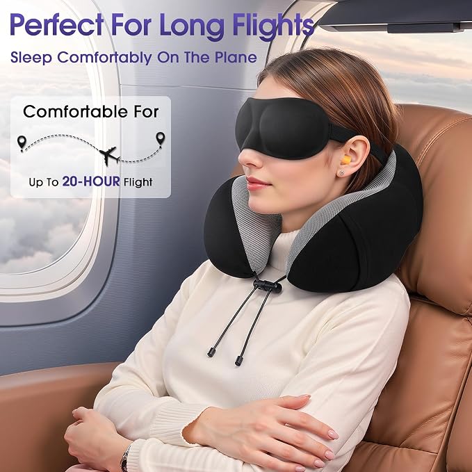 CloudBliss Neck Pillow for Airplanes, Memory Foam Travel Pillow, Black | Compact Flight Pillow with Eye Mask, Earplugs, Carry Bag, Travel Neck Pillow for Long Flight Sleep, Plane Travel Essentials - Image 4