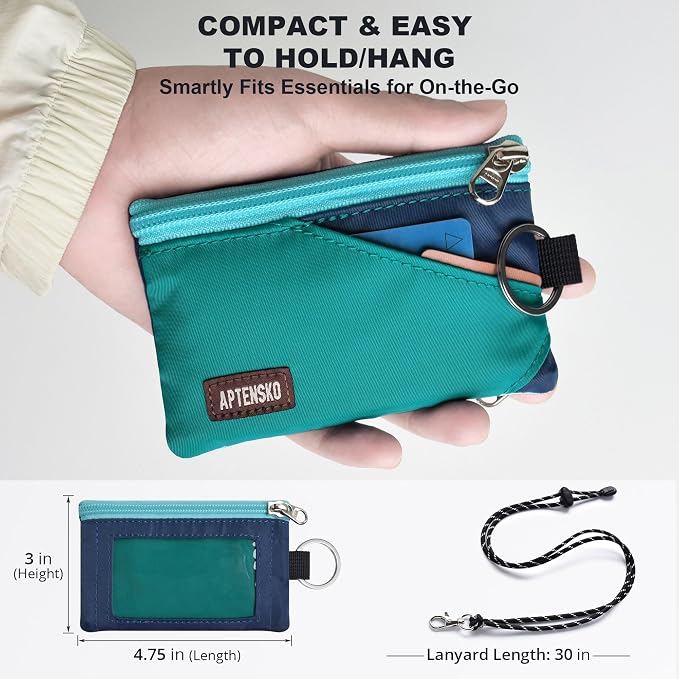RFID Blocking Travel Wallet with Adjustable Lanyard, Small Nylon Zipper Pouch and Badge Holder for ID, Credit Cards, Cash, Keys, Commuters (Turquoise+Navy) - Image 4