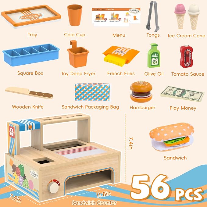 WOODMAM Foldable Wooden Kids Play Food Toys Sandwich Counter with Storage | 56 Pcs Pretend Play Kitchen Food Toy, Burger, Ice Cream, Fries, Play Money, Boys Girls Birthday Gifts for Toddlers Ages 3+ - Image 2