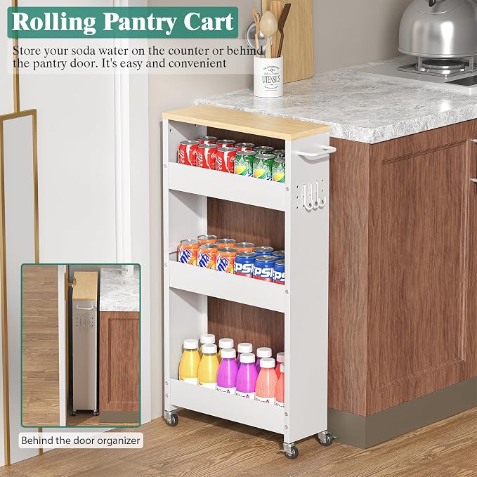 CHLORYARD Slim Storage Cart, 4-Tier Kitchen Rolling Cart Narrow Storage Cabinet with Handle & Wheels, Metal Rolling Shelf Unit for Kitchen Bathroom Laundry Small Places (5.9IN White/Natural) - Image 5