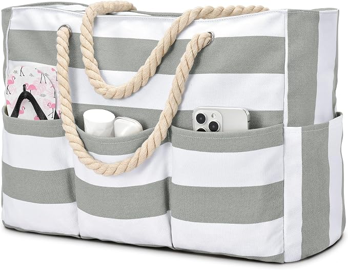 Becokan Beach Bags for Women Canvas Large Beach Tote Bag Zipper Waterproof Sandproof Foldable Swim Pool Bag with 7 Pockets by BecokanBeachBagSpecialist