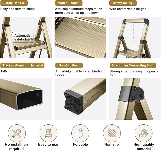 Step Ladder 3-Step Champagne Finish Aluminum Folding Ladders | Anti-slip Sturdy Foldable Ladder Step Stool for Kitchen Home Office Libaray - Image 3