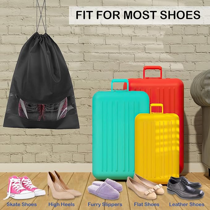 COIDEA 18 Pack Shoe Bags for Travel, Large Travel Shoe Bags for Packing | with Clear Window, Dustproof Drawstring Travel Shoe Storage Bags Travel Essentials for Men & Women, Black - Image 6