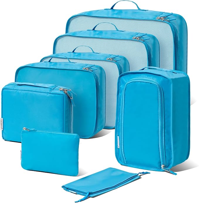 (Not Made In China) Packing Cubes For Travel, Luggage and Suitcase Organizer Bags, Carry On and Backpack Space Savers, Lightweight Waterproof Nylon, 8pc Set, Blue by Carrywell