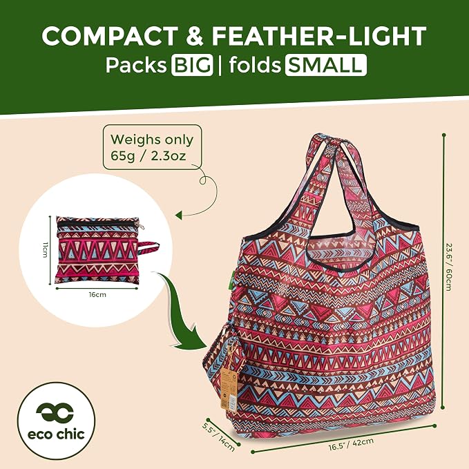 ECO CHIC Foldable Reusable Large Recycled Grocery Bags Lightweight Shopping Tote Bags with Storage Pouch - Collection of 4 bags - Image 4