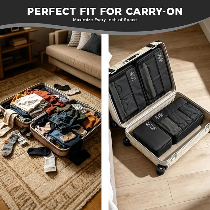 Compression Packing Cubes for Travel, 8-Piece Luggage Organizers Space-Save | Ultralight Sleek Luggage Organizer Set for Business Trips & Frequent Travelers, Space Saving for Carry-On & Suitcase - Black - Image 5