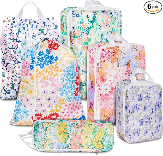 6 Pcs Compression Packing Cubes Waterproof Suitcase Travel Bag Luggage Backpack Organizer Travel Cubes for Packing-Small Floral Print by Unknown