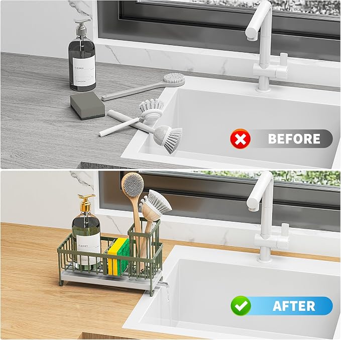 Cisily Sponge Holder for Kitchen Sink, Sink Caddy Organizer with High Brush Holder, Kitchen Countertop Organizers and Storage Essentials, Rustproof 304 Stainless Steel (Sage Green, 9.25″) - Image 6