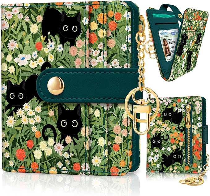 Jogjam Black Cat Floral Rfid Women Wallet, Small Slim Credit Card Holder | Thin, PU Leather Bifold, Cash Zipper Coin Pocket, ID Window, For Female Ladies Teen Girls Girly, Down Size by Jogjam