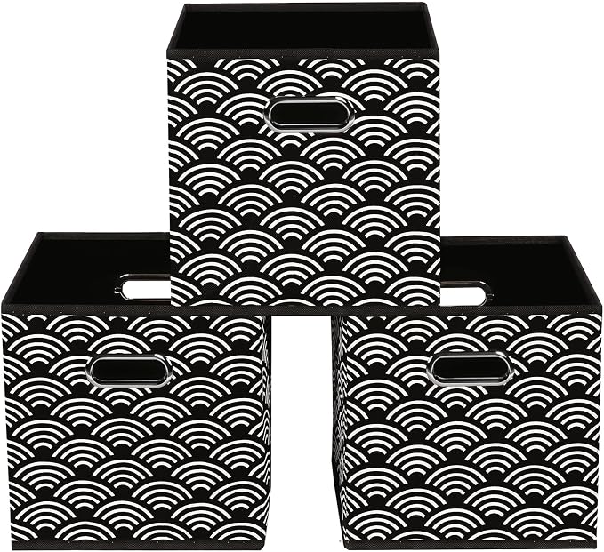 Fabric storage bins Cubes, Fabric Cube Organizer with Handle, Foldable Cube Bins for Cloth or Accessary Storage, 11x11x11, Set of 3, (Black clouds) by Yunkeeper