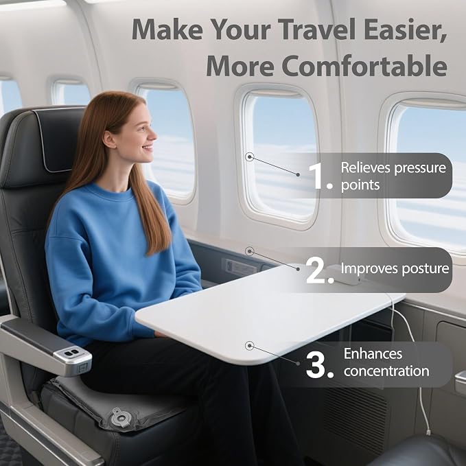 Inflatable Travel Seat Cushion – Self-Inflating Memory Foam Pad for Airplane, Stadium Bleachers, Camping, Hiking & Backpacking – Ultralight Compact & Portable Sitting Cushion (Grey) - Image 3