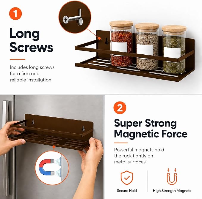 SMRCAD 4 Pack Metal Magnetic Spice Rack for Fridge – Heavy-Duty | Iron Construction, Rust-Resistant, Dust-Resistant, Fits Condiment Bottles, Includes Screws for Optional Wall Mount - Image 4