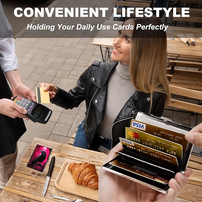 Metal Wallet,Credit Card Holder for Women,Slim RFID Blocking Credit Card Holder Thin Aluminum Wallet ID Case,6 Slot Business Mini Hard Metal Case for Women/Men,Cute Crow Pink - Image 2