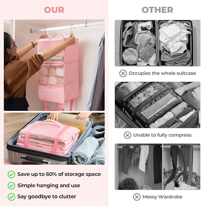 GRANNY SAYS Hanging Packing Cubes for Shelves, Large Organizer Bags, Pink | Portable Suitcase Organizer, Travel Packing Organizers, Compression Luggage Bags for Clothes, Carry on Closet Suitcase - Image 6