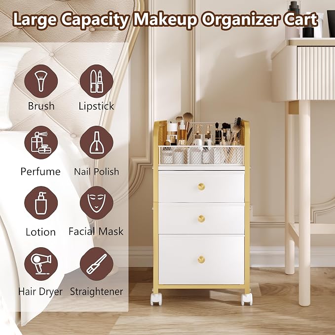 Rolling Makeup Organizer Cart with 3 Drawers Under Desk Storage | Vanity Cart Bathroom Storage Cart Cosmetic Vanity Display Cases Holder for Nail Polish Brush Hair Tool - Image 4