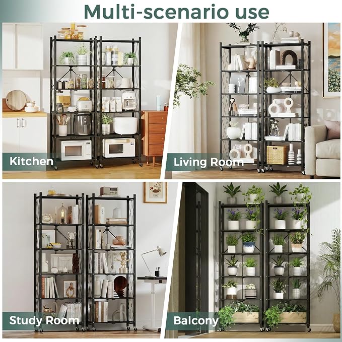 DEANIC 6-Shelf Folding Bookcase with Wheels, Heavy Duty Storage Shelves, Freestanding Metal Wire Shelving Unit for Living Room, Office, Kitchen, Basement, Pantry (Black 2 Pack) - Image 6