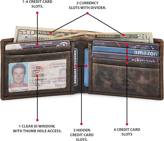 Real Leather Mens Bifold Wallet RFID Blocking Slim Minimalist Front Pocket - Thin & Stylish with ID Window in Gift Box (Crazy Horse, Moss) - Image 3