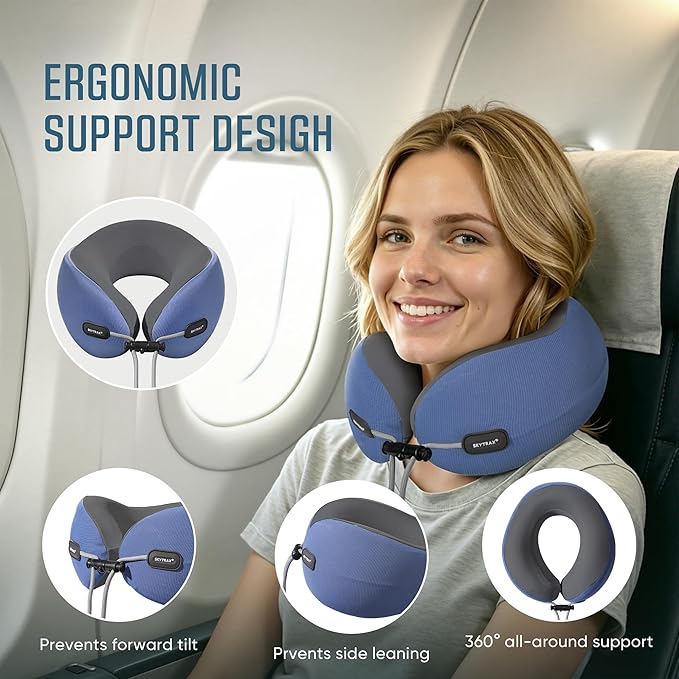 Premium Travel Neck Pillow Cooling Ice Silk Memory Foam Cervical Pillow for Airplane & Long Flights, Ergonomic Neck Support for Sleeping & Pain Relief, Washable Cover, Compact Carry Case (Blue) - Image 4